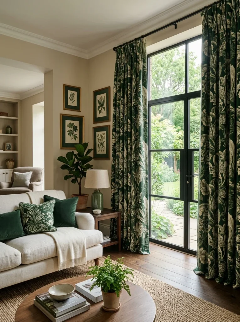 Bold botanical patterned curtains creating a focal point in a neutral living room.