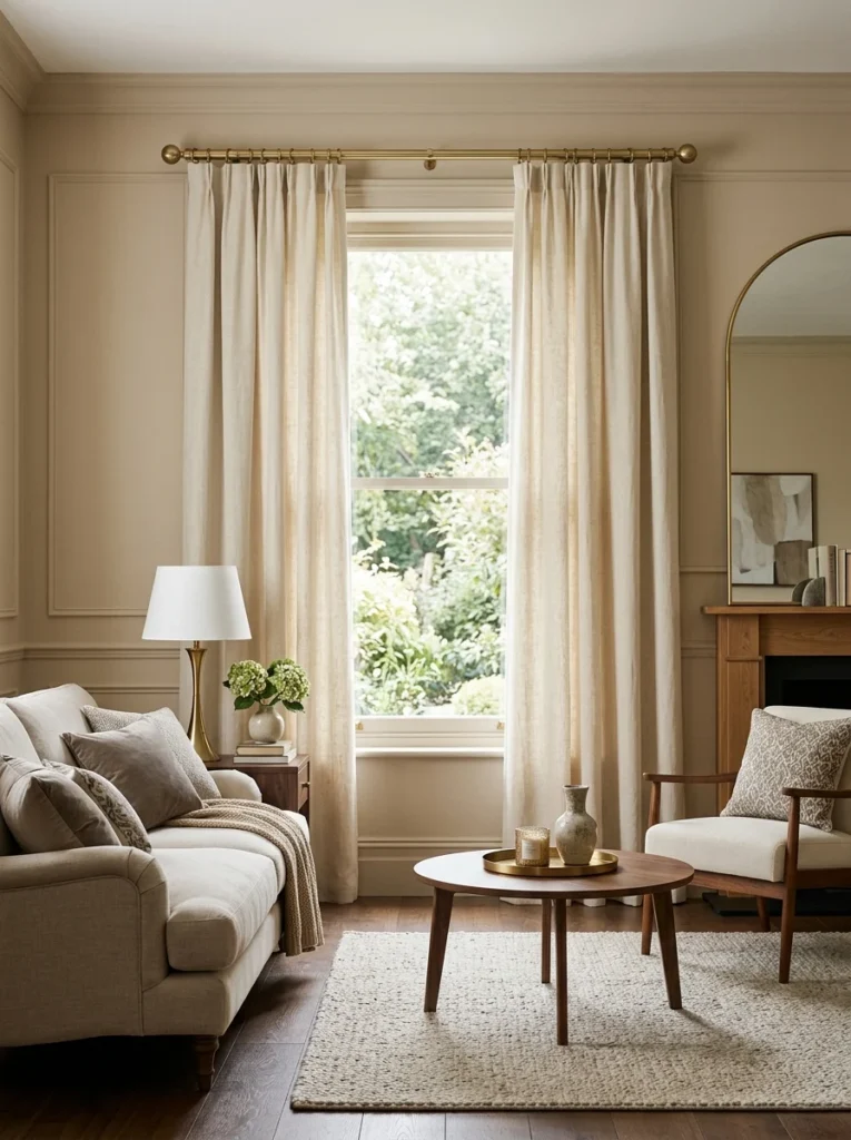 Decorative brass curtain rod with spherical finials above a living room window.