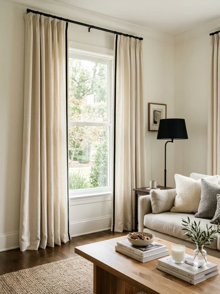 Cream living room curtains with contrasting black trim along the edges.