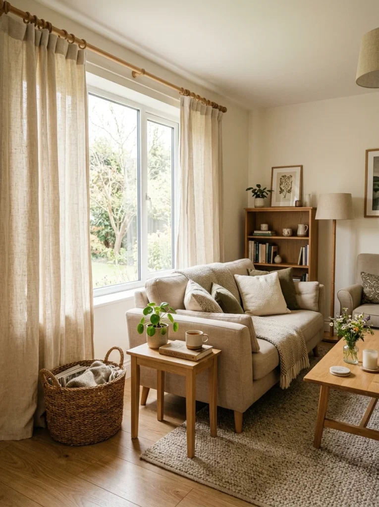 Textured cream linen curtains creating a relaxed look in a living room.