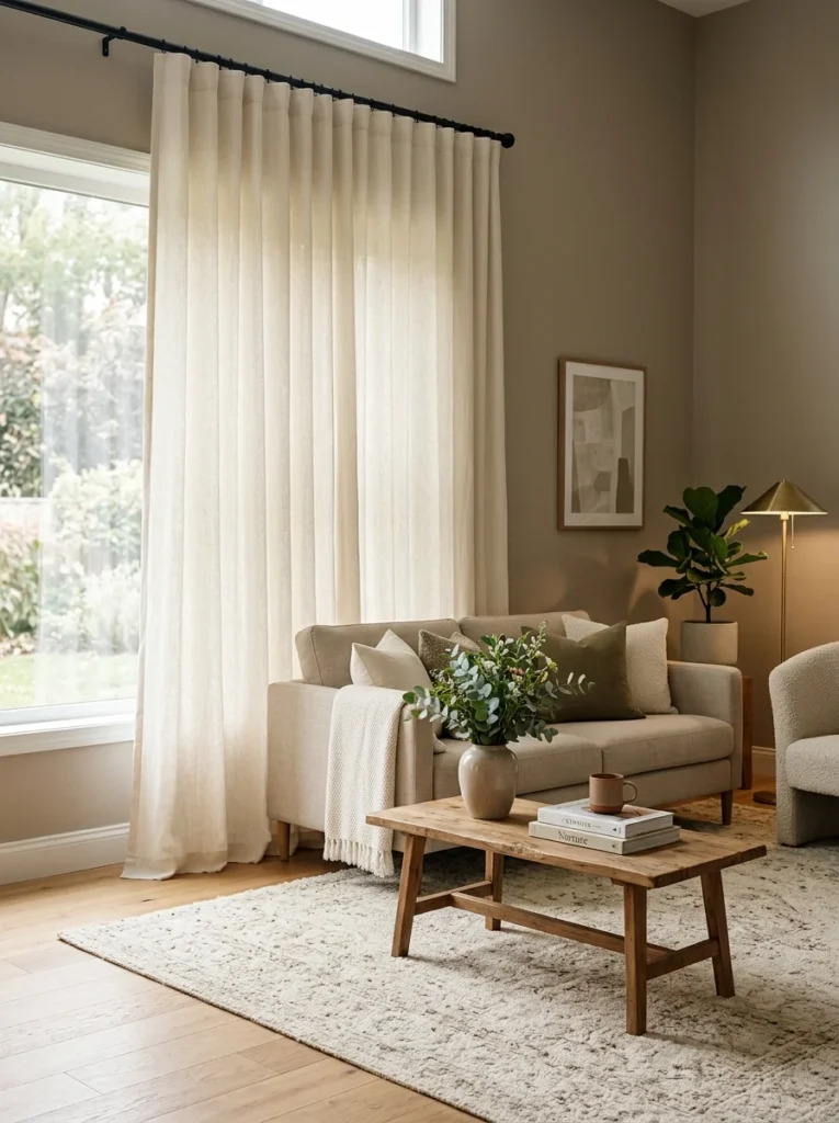 Floor-length linen curtains gently touching the floor in a cozy living room.
