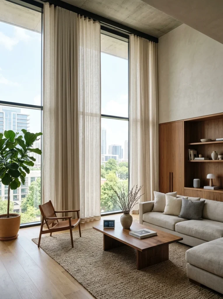 Tall living room windows with discreet motorized linen curtains.