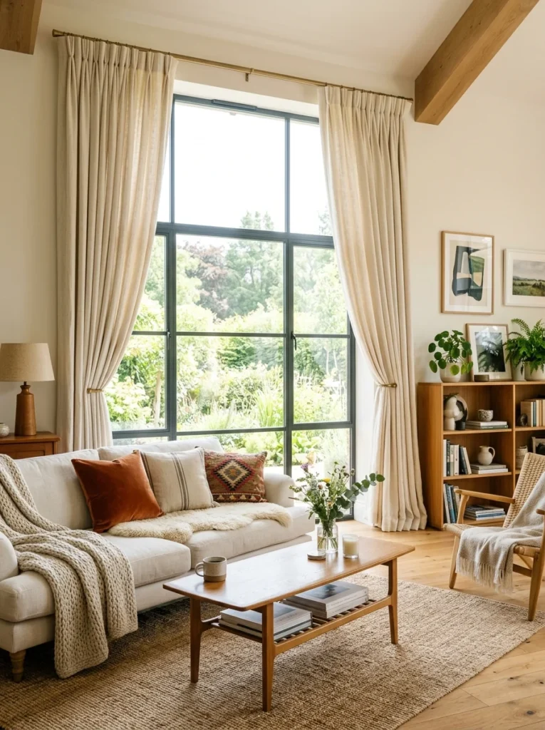 Decorative linen curtains framing living room windows while remaining open.