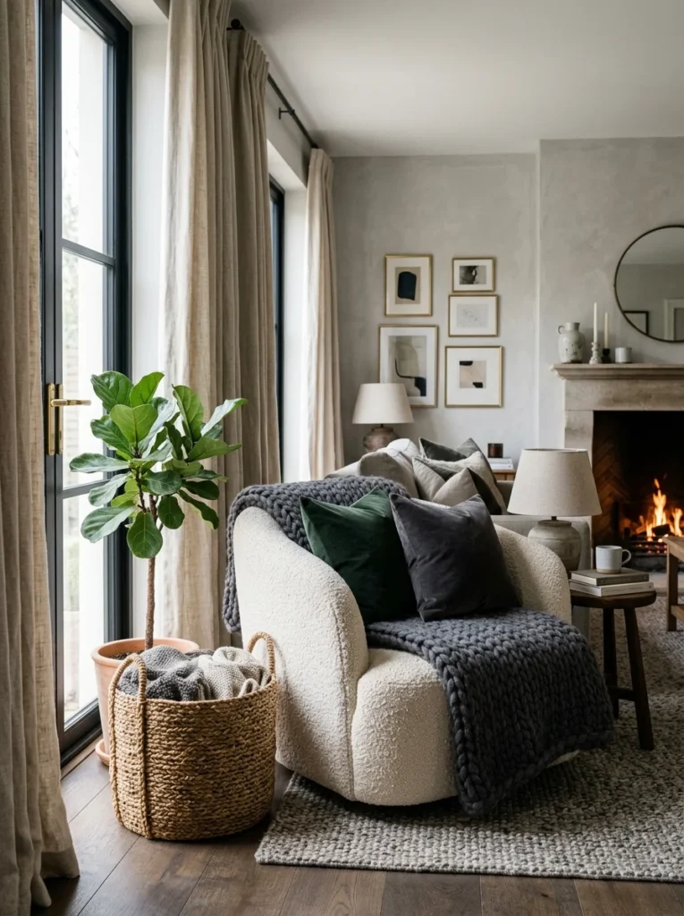 Grey living room with mustard yellow accents.