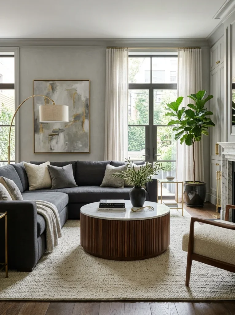Sculptural coffee table in a grey living room
