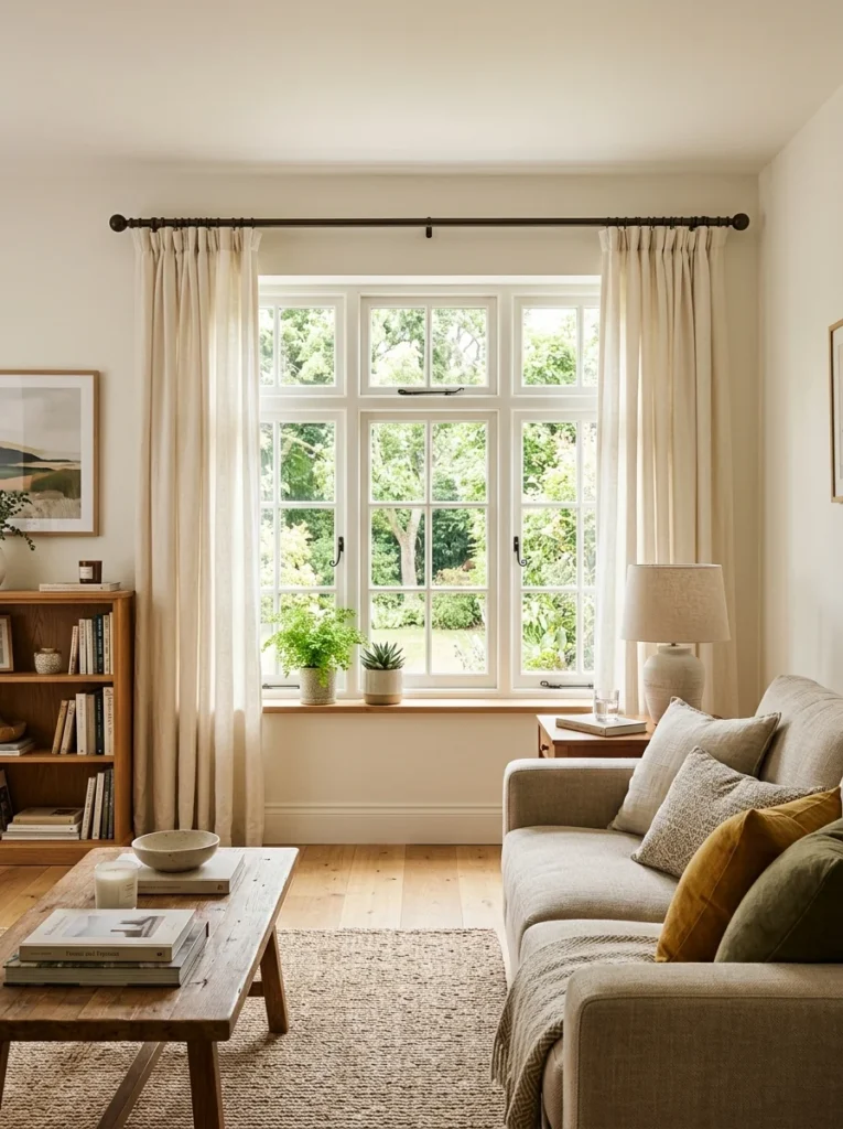 Curtain rod extending beyond the window frame to make the window appear wider.