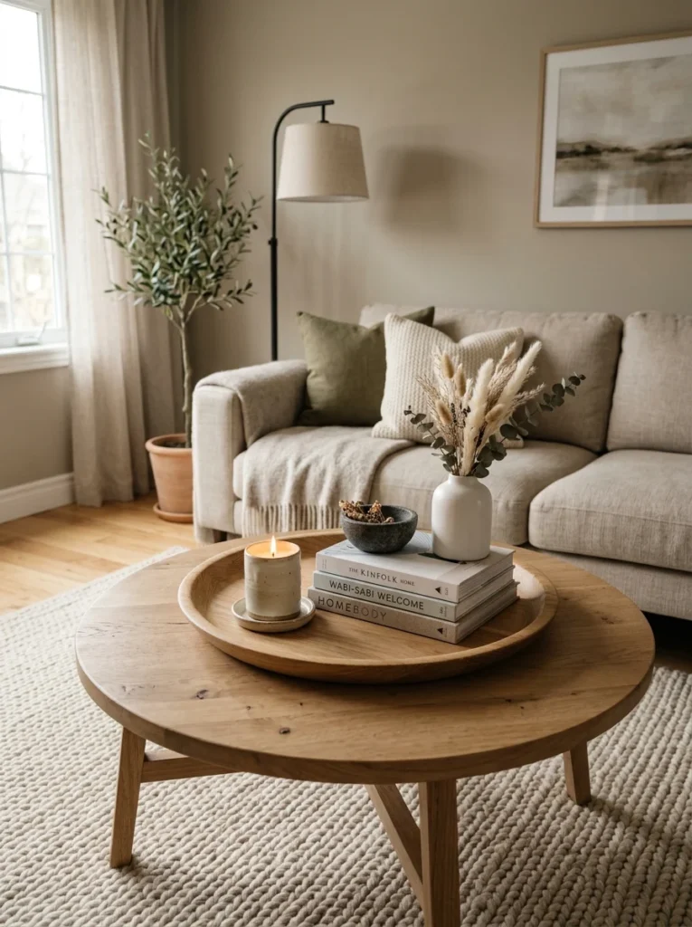 Wooden coffee table styled with a round tray holding books, candle, bowl, and vase.