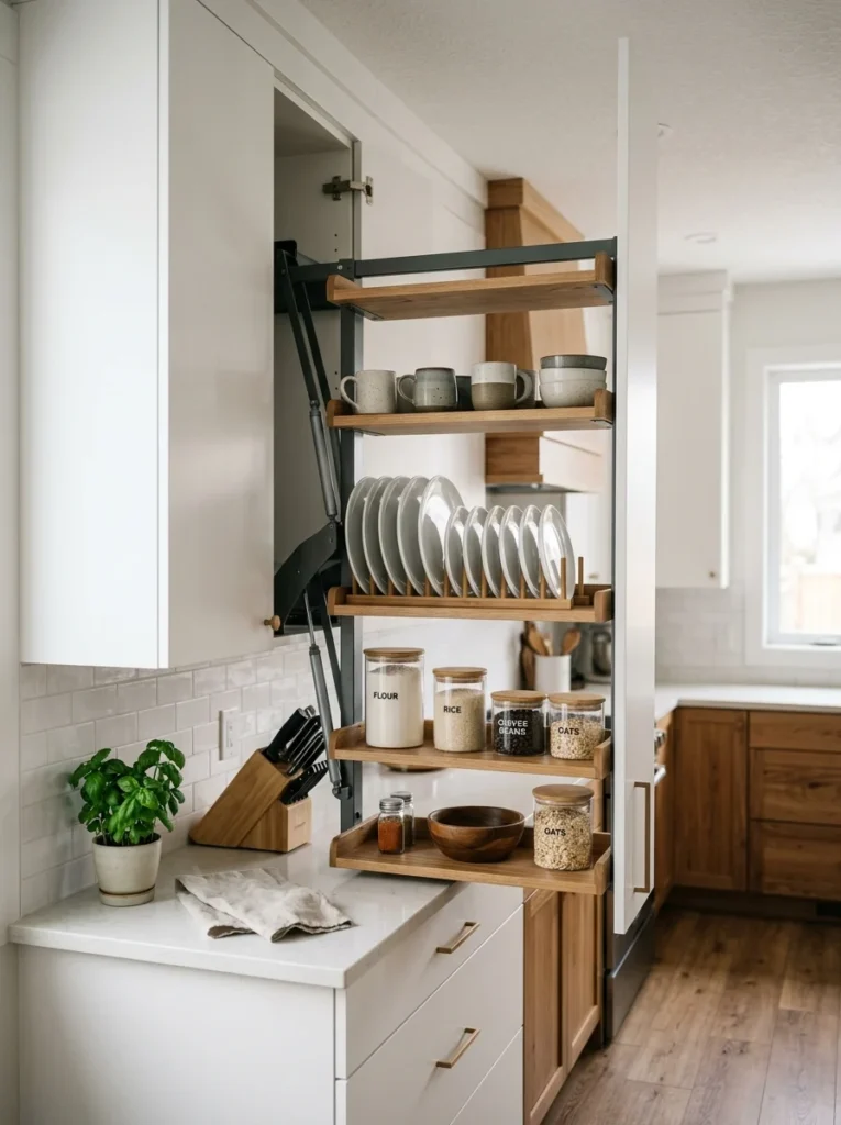 Pull-down shelf making high kitchen cabinets easier to access