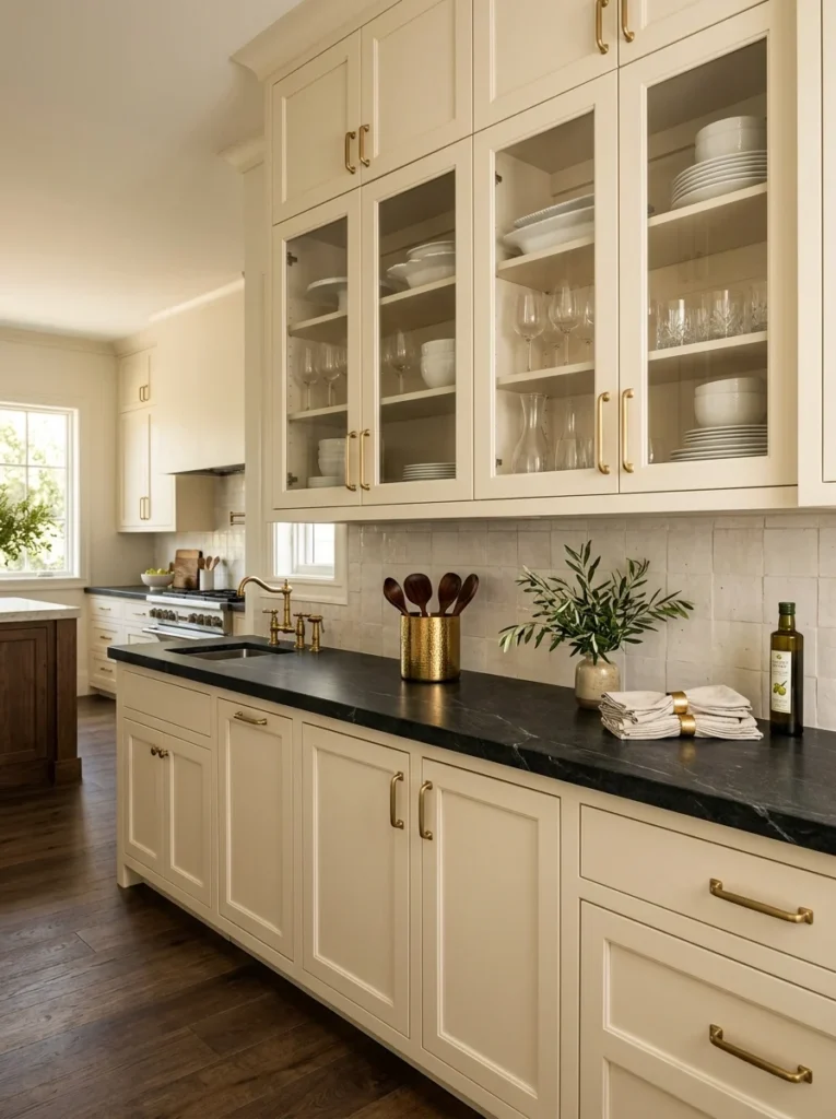 Dark soapstone countertop contrasting with light cabinets in a stylish butler’s pantry.