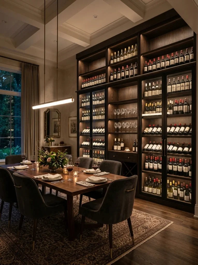 Built-in wine storage wall with glass-front cabinets in an elegant dining room.