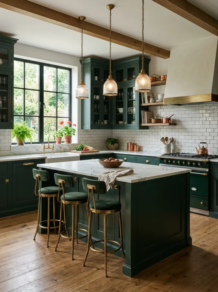 Luxurious kitchen with deep forest green cabinets and brass hardware.