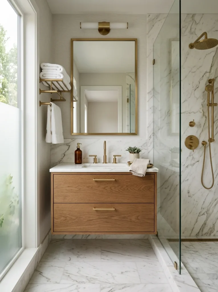 Bathroom with matching brushed brass hardware and towel rack.