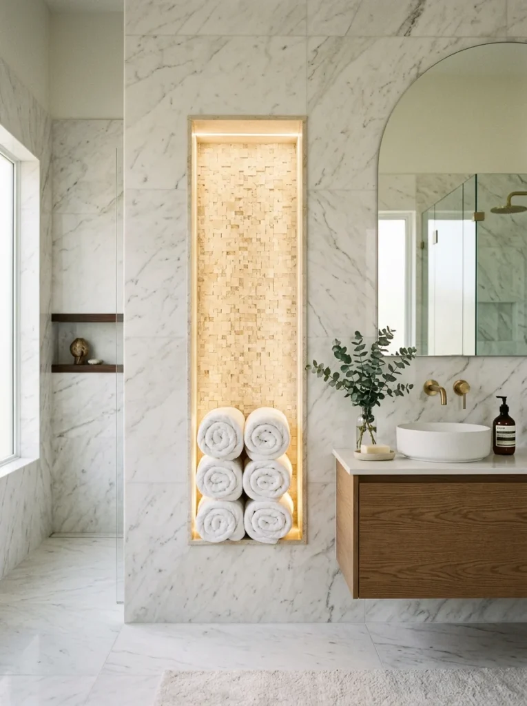Built-in recessed towel storage niche.