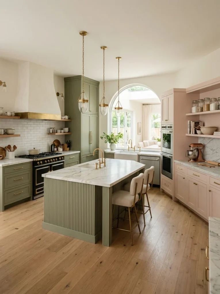 Two cabinet colors define separate cooking and baking zones in a large kitchen.