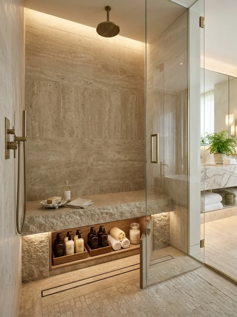 Walk-in shower bench with concealed storage underneath