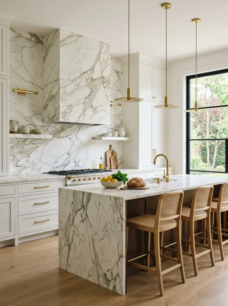 White kitchen with a seamless Calacatta marble slab backsplash.