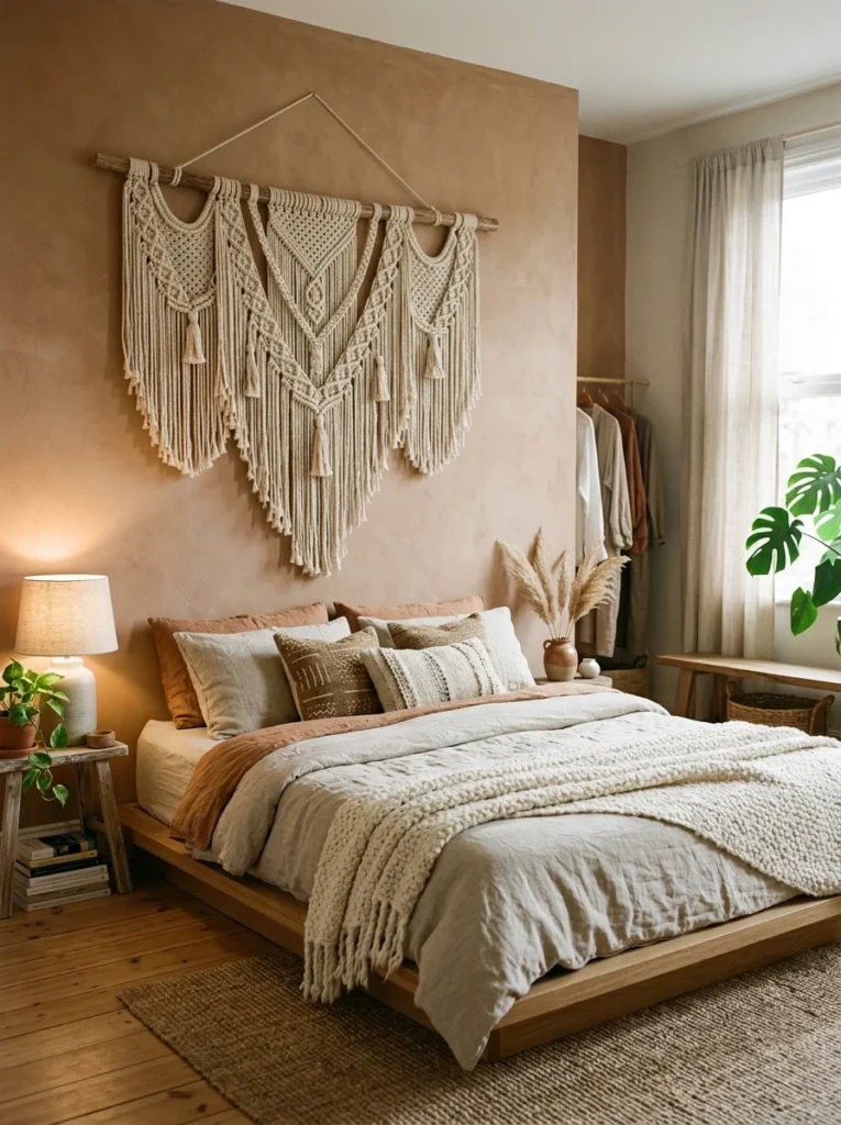 Large macrame wall hanging in a boho bedroom.