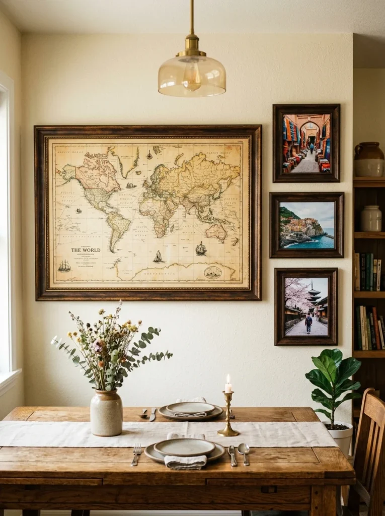 Vintage map and travel photographs displayed together on a dining room wall.