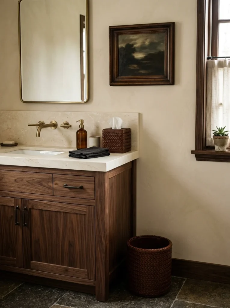 Woven leather bathroom trash can beside a warm walnut vanity.