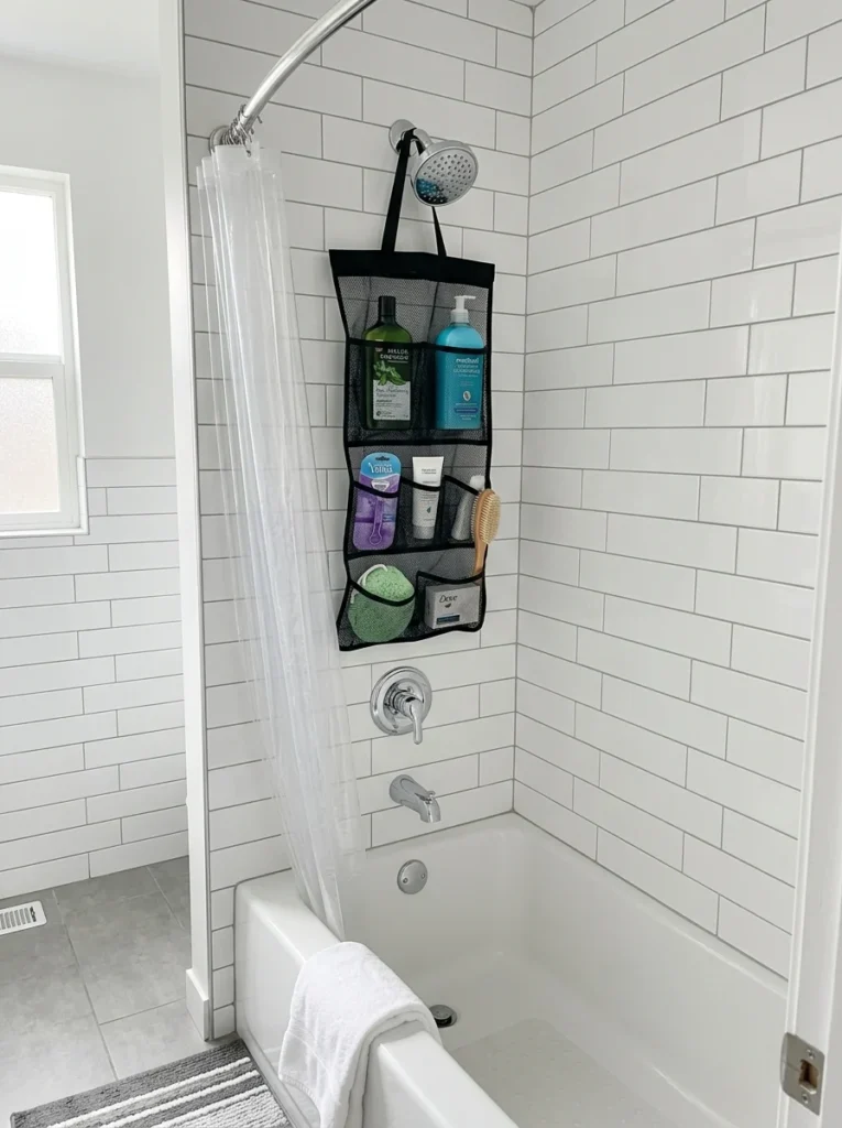 Hanging mesh shower organizer with pockets for bath products