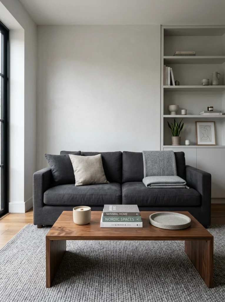 Grey living room with beautifully curated coffee table styling.