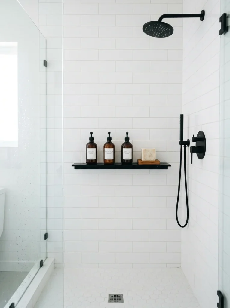 Minimalist shower shelf with only everyday bath products