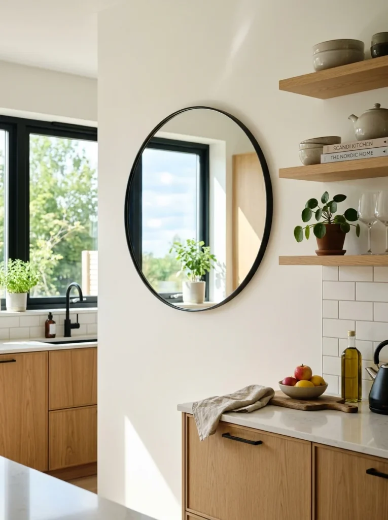Decorative round mirror in a kitchen.