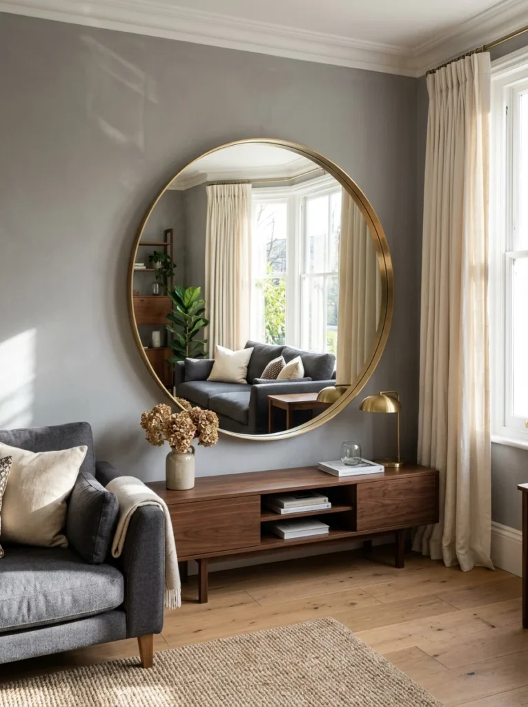Round brass mirror in a grey living room.