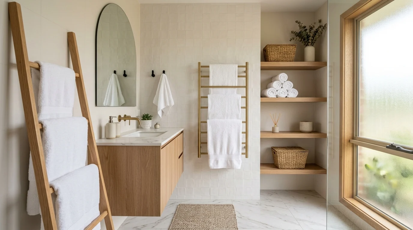 Modern bathroom with a ladder towel rack, wall hooks, heated towel rail, and open shelving.