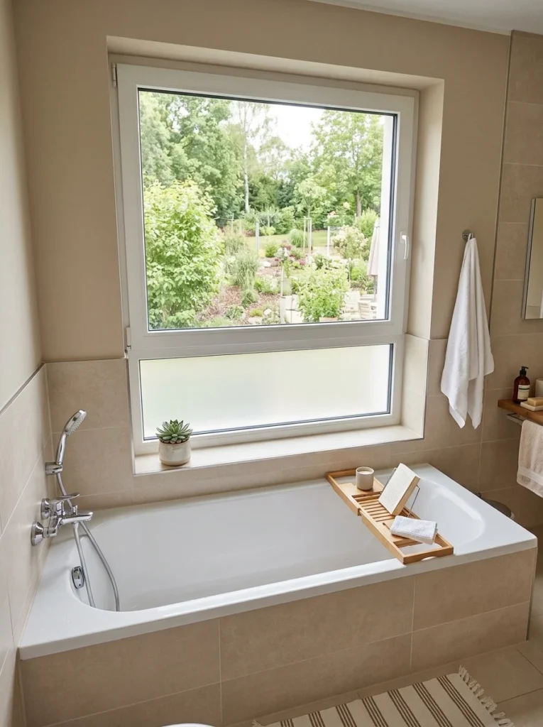 Bathroom window with frosted lower glass and clear upper glass for balanced privacy and light.