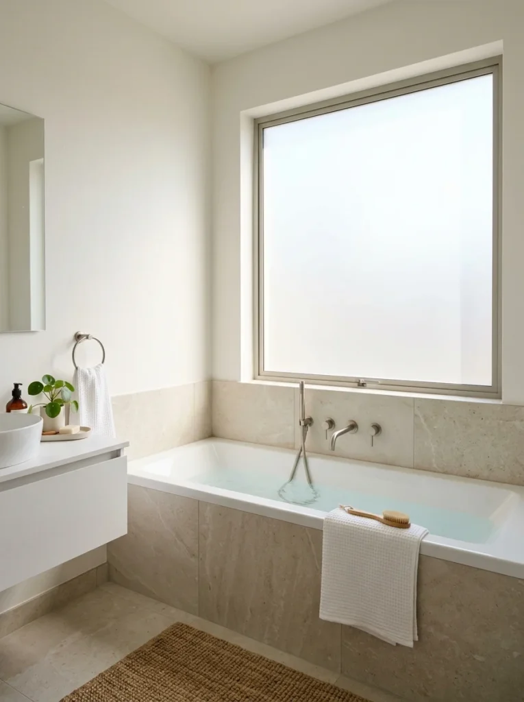 Bathroom window covered with frosted film for privacy and diffused natural light.