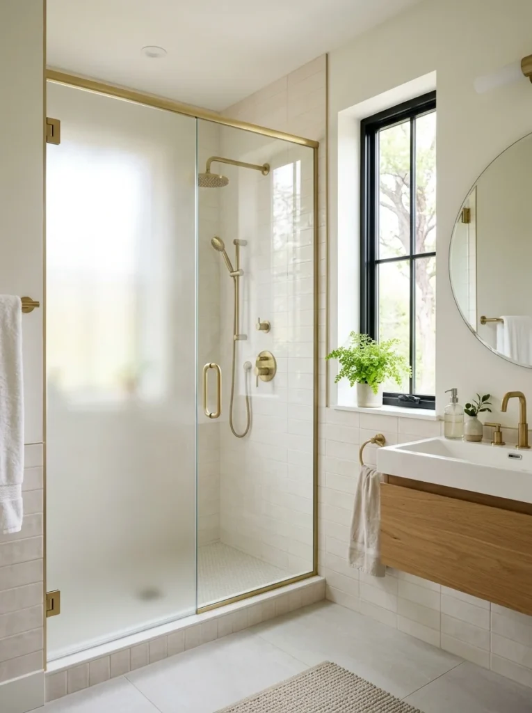 Frosted shower glass providing additional privacy in a modern bathroom.