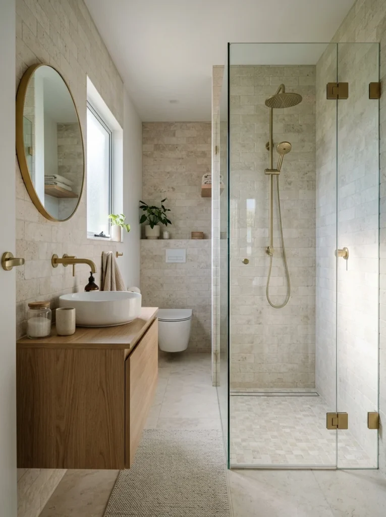Small bathroom using a bold patterned shower curtain to update dated tile.