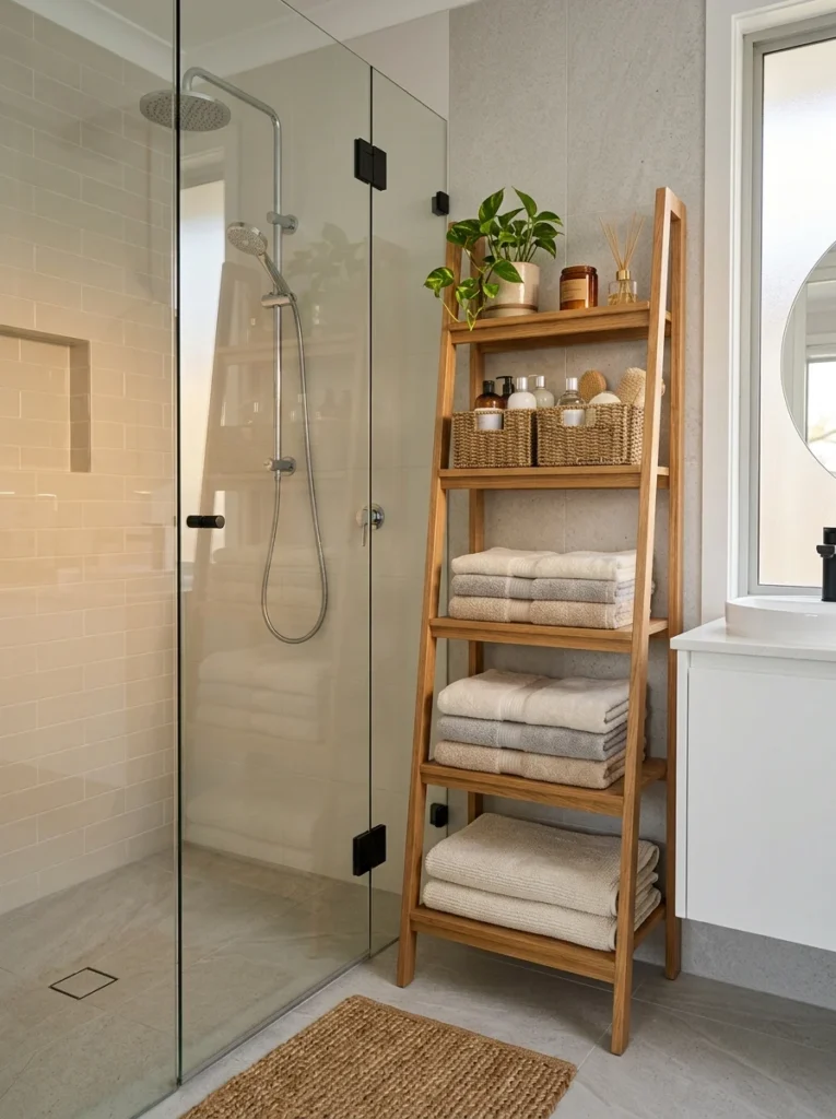 Slim ladder shelf storing towels and shower supplies