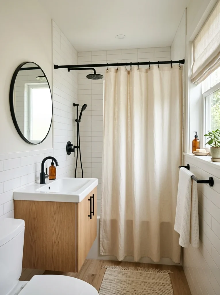 Small bathroom with a shower rod matching the faucet and other black hardware.
