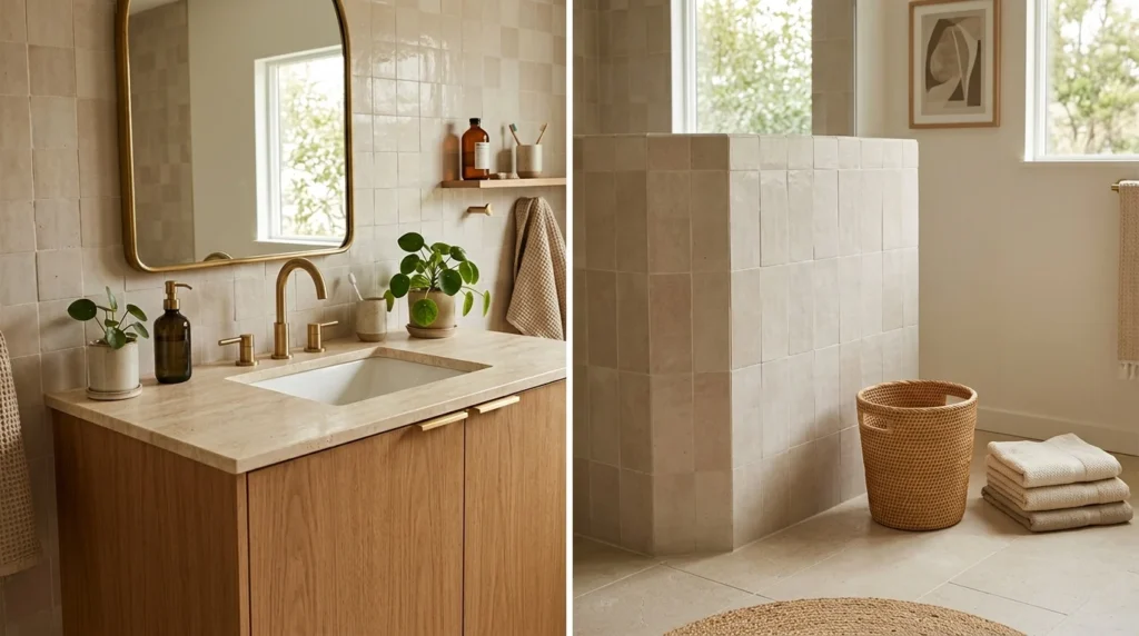 Stylish bathroom with a woven rattan trash can beside a warm wood vanity.