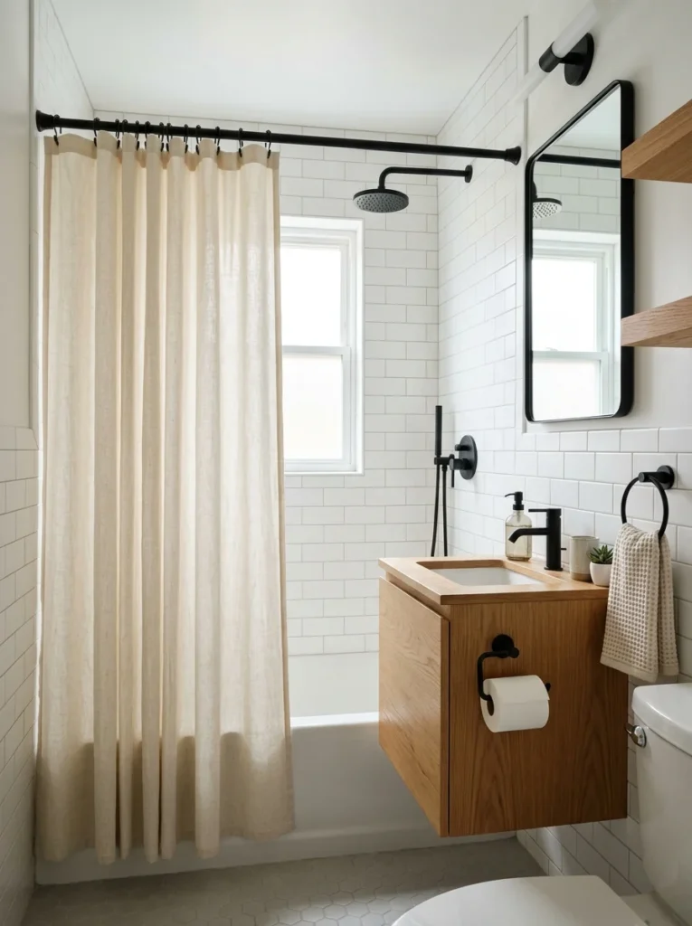 Small bathroom with a shower curtain using coordinating matte black rings.