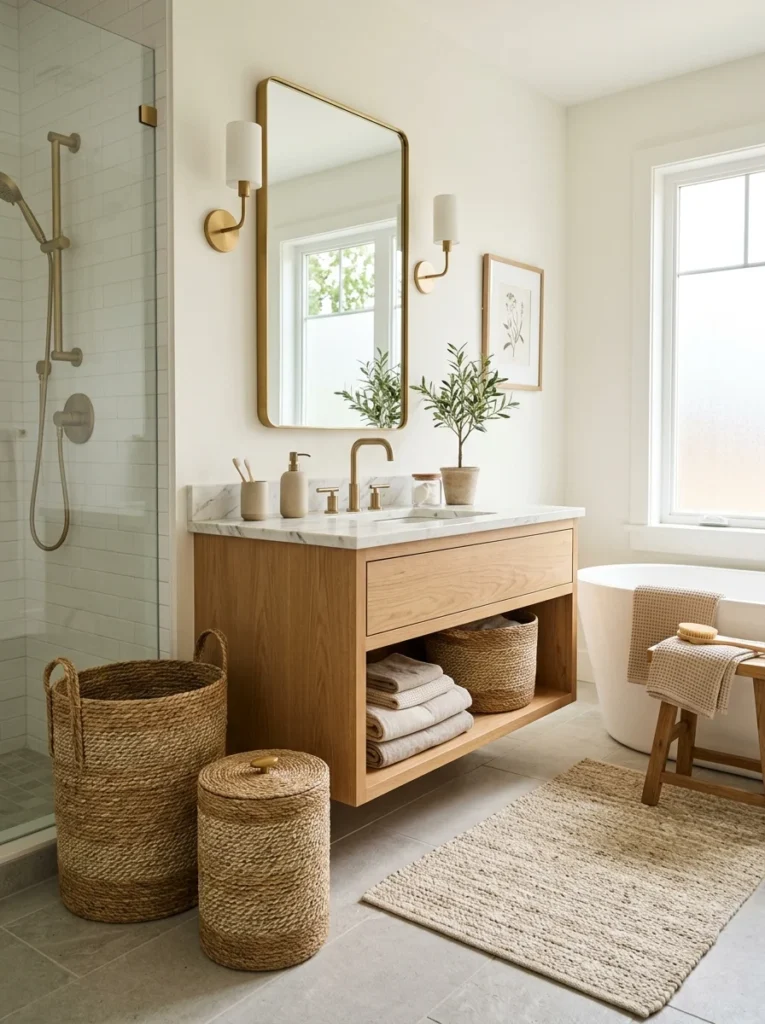 Freshly updated bathroom with a stylish trash can that complements the decor.