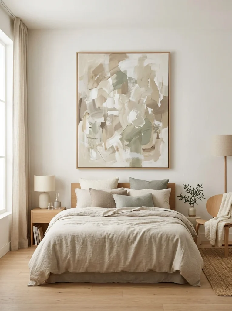 Bedroom with oversized neutral abstract wall art above the bed.