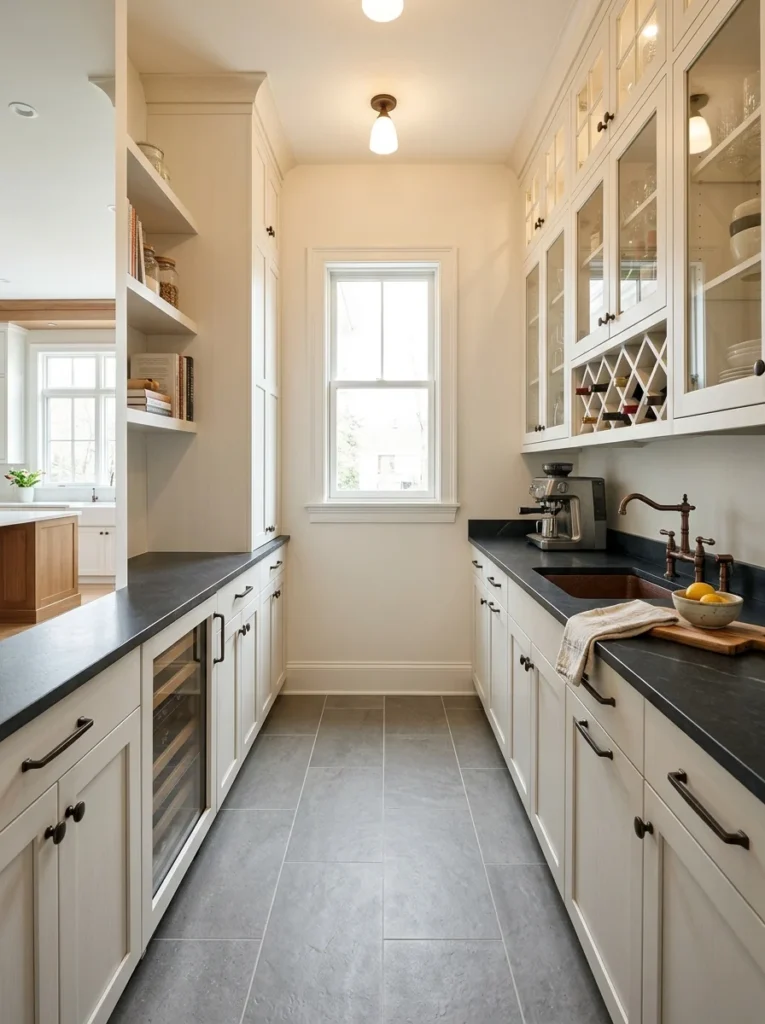 Durable tile flooring extends from the kitchen into a modern butler’s pantry.