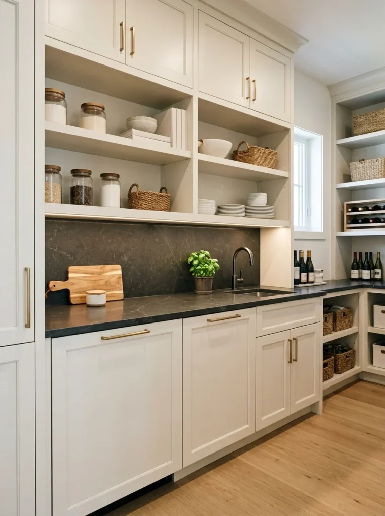 Hidden waste management system integrated into butler’s pantry cabinetry.
