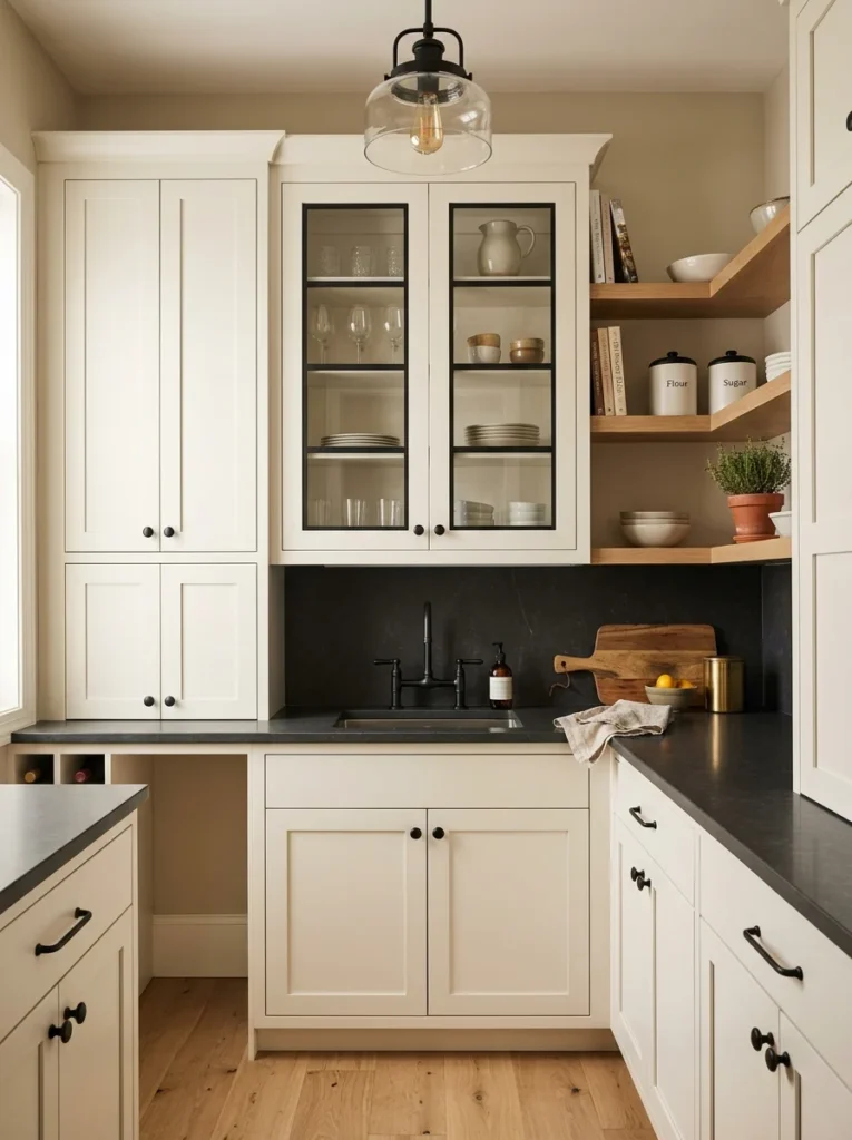 Matching matte black hardware creates a cohesive butler’s pantry design.