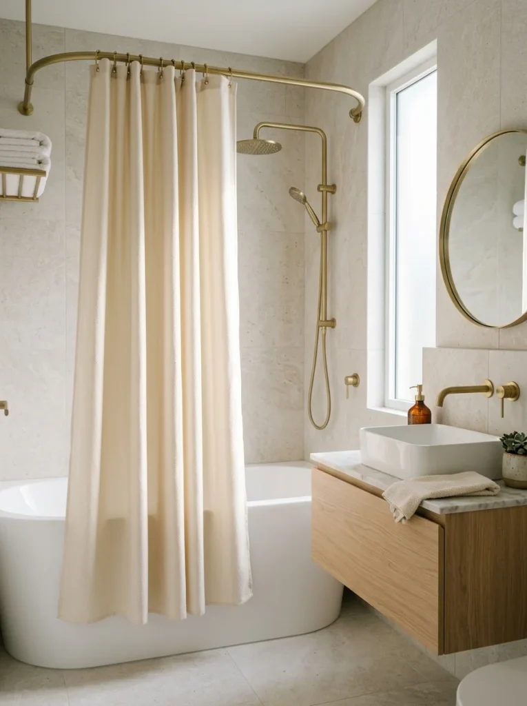 Small bathroom with a soft fabric-like water-resistant shower curtain.