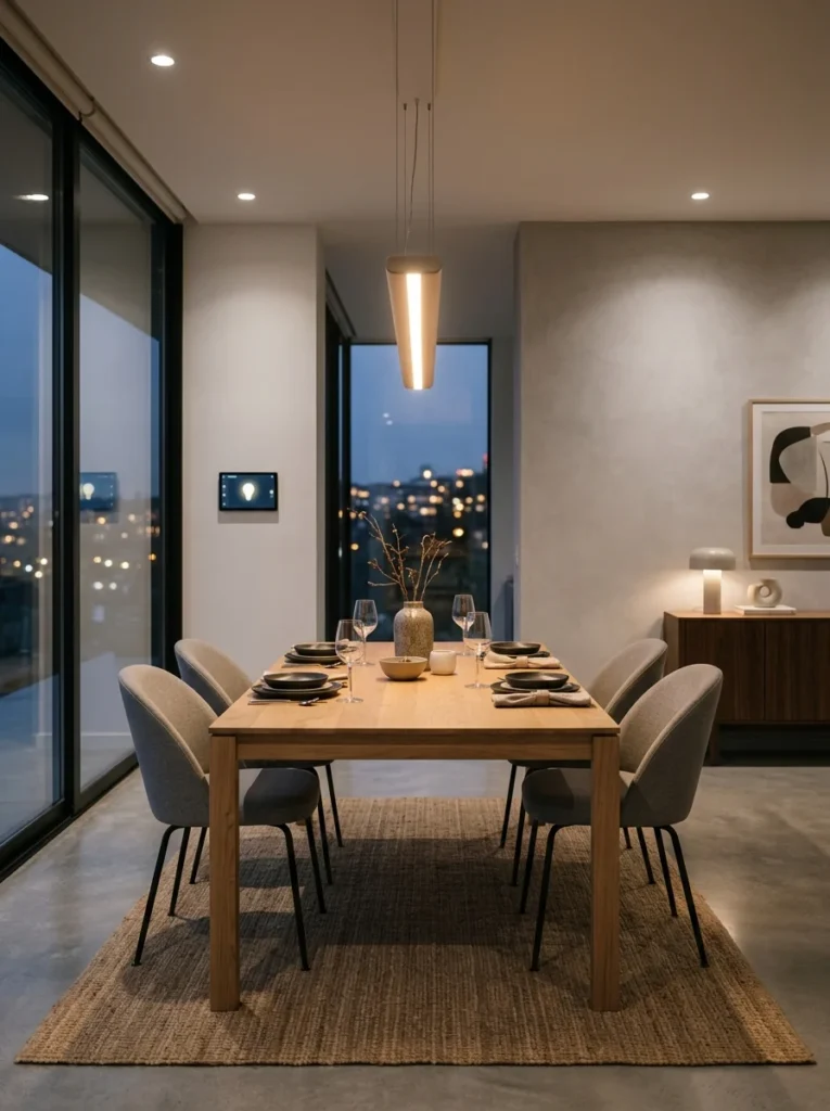Dining room with a linen drum shade chandelier providing soft diffused light.