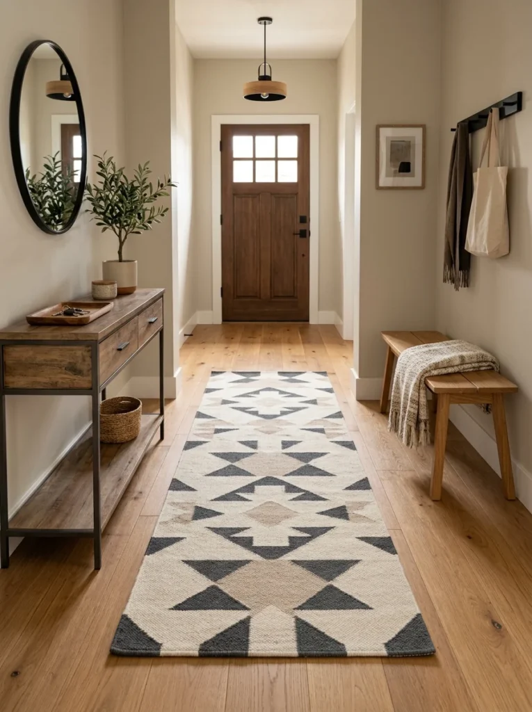 Secure non-slip runner positioned safely on hardwood flooring