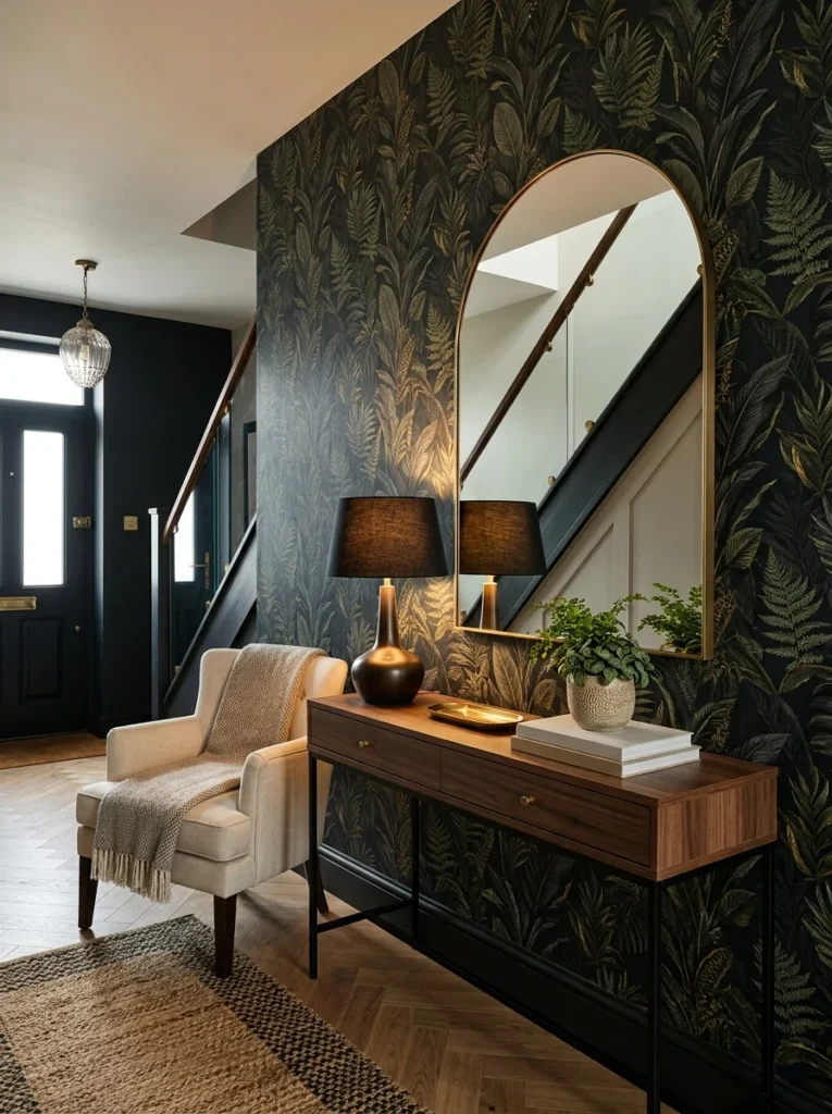 Bold botanical wallpaper creating a dramatic entryway
