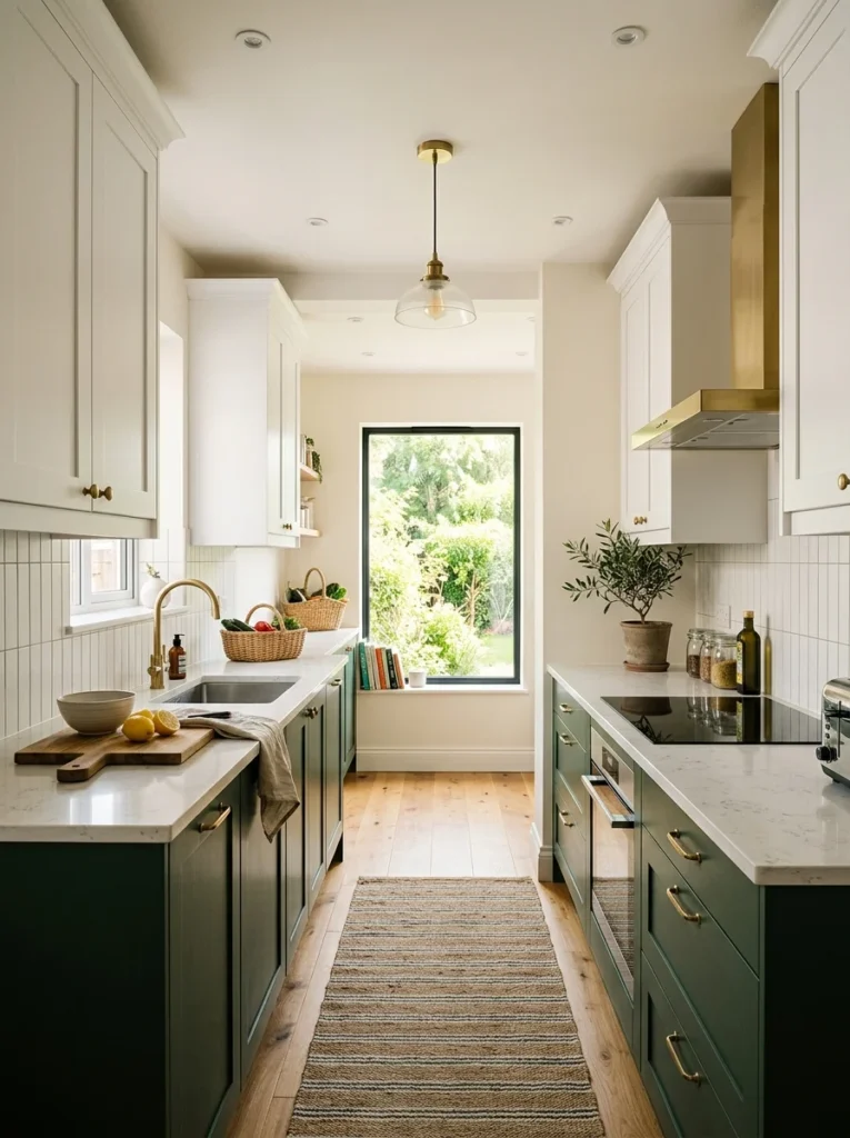 White upper cabinets paired with forest green lower kitchen cabinets.