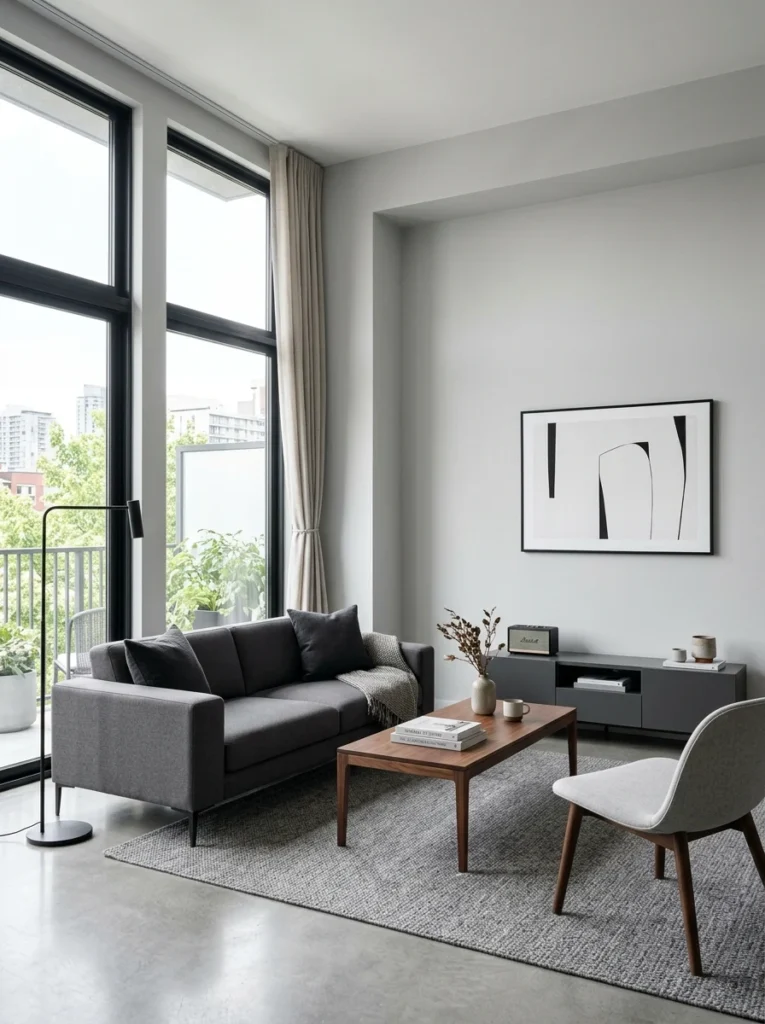 Grey living room with clean-lined modern furniture.