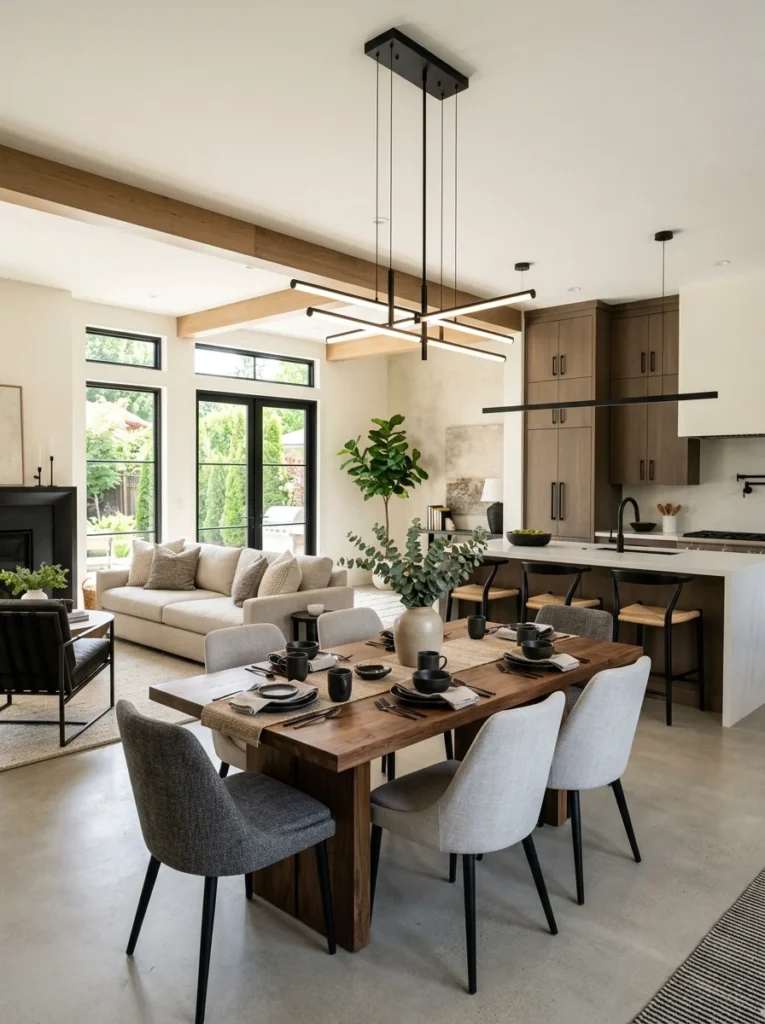 Dining room with uplighting highlighting exposed wood ceiling beams.