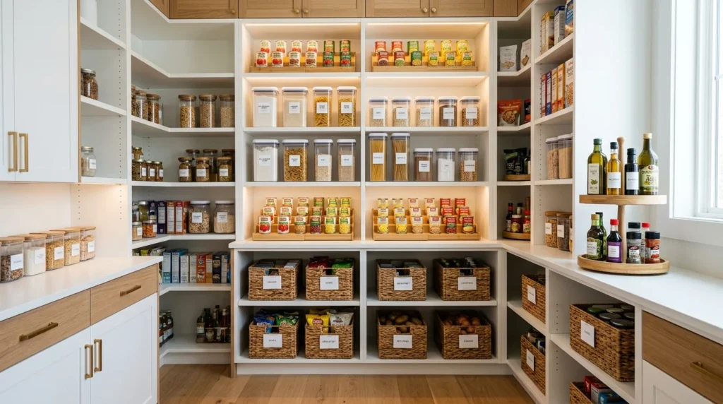 Organized modern pantry with clear containers, labels and storage baskets